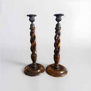 Vintage Barley Twist Wooden Candlestick Holders 13.5”Spiral Columns